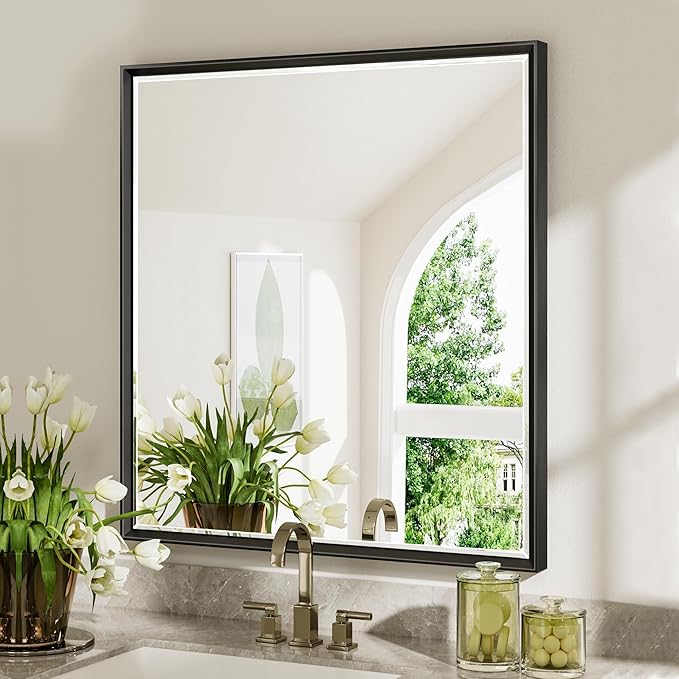 Black Framed Mirror for Bathroom, 30x36 Inch Black Rectangle Beveled Bathroom Vanity Mirror, Anti-Rust Matte Black Metal Frame Mirror for Wall, Vertical/Horizontal Wall-Mounted Mirrors