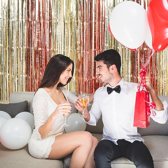 TONIFUL Valentine's Day Door Streamers,Rose Gold and Light Gold Photo Booth Backdrop Metallic Streamers Foil Fringe Curtain for Birthday Bridal Shower Engagement Party Decoration