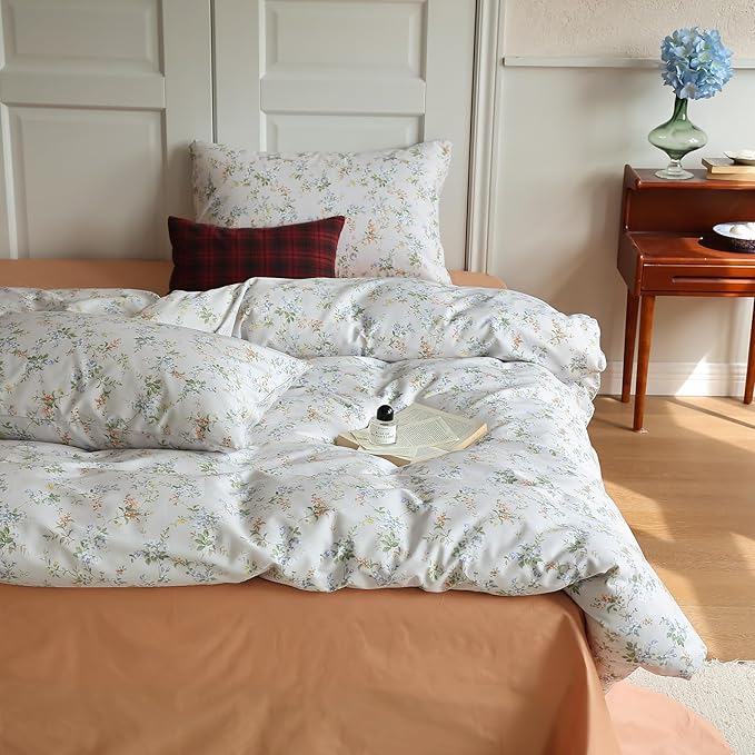EAVD Vintage Style Garden Floral Duvet Cover Full Soft Cotton Chic Shabby Floral Pattern Bedding Set with 2 Pillowcases Fresh Botanical Comforter Cover with Zipper Closure