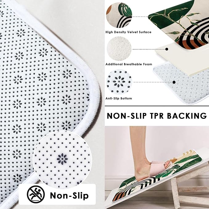Green Boho Mid Century Shower Curtain Set with Toilet Lid Cover and Non-Slip Rugs, Abstract Retro Tropical 4 Pcs Modern Minimalist Vintage Shower Curtain for Bathroom Set with 12 Hooks