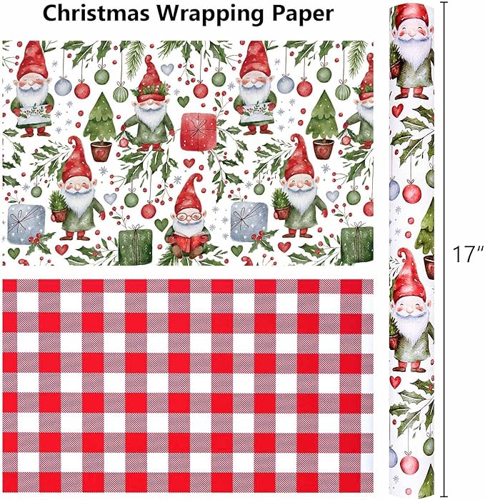 MAYPLUSS Christmas Wrapping Paper Roll - 17IN X 33FT - Gift Wrapping Paper Featuring Santa Claus Christmas Ballon Reversible Plaid for Kids, Holiday, New Year