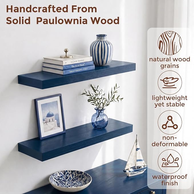 fuqing 20 Inch Floating Shelves | 6.7 Inch Deep Dark Blue Floating Shelves for Wall Set of 2 | 20''W x 6.7''D x 1.4''H Dark Blue Shelves for Living Room Bathroom Bedroom Kitchen Home Office