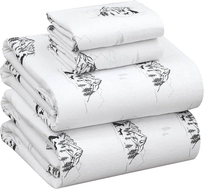 RUVANTI Flannel Sheets California King Size - 100% Cotton Brushed Cal King Bed Sheets Set - Deep Pockets 14 Inches - All Seasons Breathable & Extra Soft - Warm & Cozy, 4 Piece, Soul Dog White