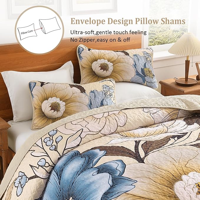 Dintszyayue Khaki Quilt Set King, 3 Pieces Beige Floral Bedspreads Lightweight Coverlet Set for All Seasons, Reversible Quilted Printed Bedding Set with 2 Pillow Shams