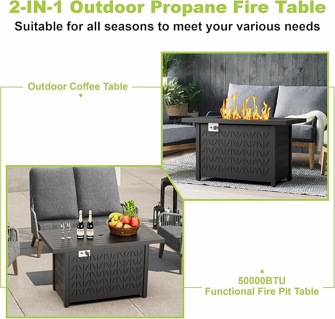 43" Rectangular Propane Fire Pit for Outside Patio 2 in 1, 50,000 BTU Fireplaces with Lid, Glass Rocks, Cover