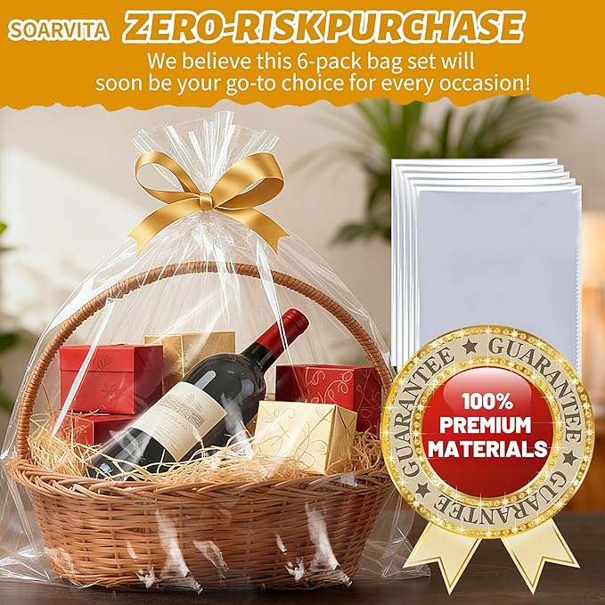 6 Pack Large Cellophane Bags for Gift Baskets 30×40 Inch – 2.8 Mil Thick Clear Cellophane Wrap for Christmas Gift Baskets, Holiday Parties, Birthdays & Weddings – Durable Plastic Clear Gift Bags
