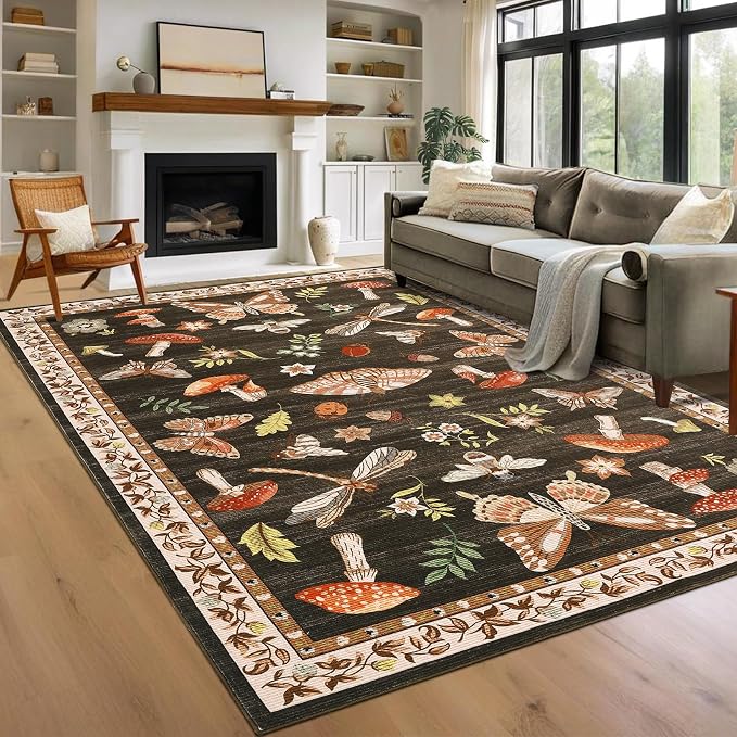 Washable 8x10 Mushroom Floral Rugs for Living Room Low Pile Soft Bedroom Large Accent Carpet Non Slip Non Shedding Nursery Playroom Carpet Mats Boho Vintage Brown Carpets for Dining Apart Dorm, Brown