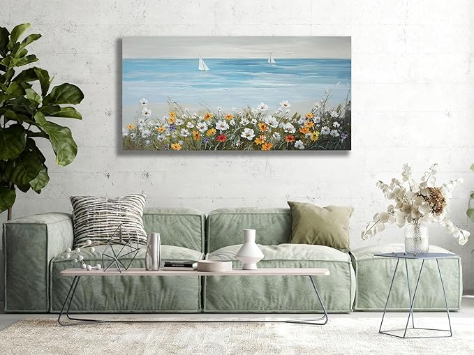 Ardemy Daisy Wall Art for Living Room, Floral Canvas Wall Art Ocean Flower Pictures Paintings Wall Decor Living Room Wildflower Artwork Dining Room Home Office Kitchen, 40"x20"