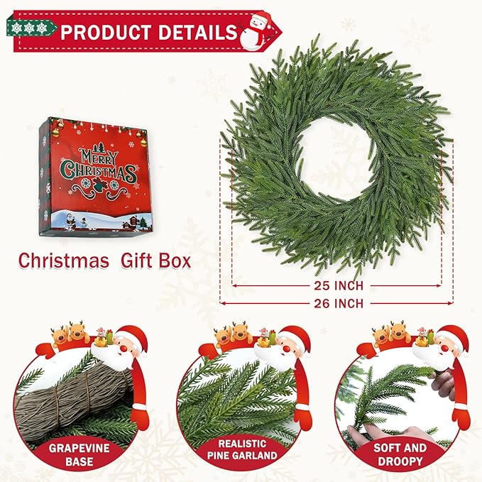 26 Inch Christmas Wreaths for Front Door Real Touch Large Xmas Winter Pine Cedar Wreaths for Windows Outdoor Indoor Christmas Holiday Home Yard Farmhouse Wall Front Door Porch Hanging Decor Clearance