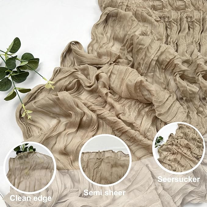 Booque Valley Nude Cheesecloth Table Runner 120 Inch 10ft Super Soft Boho Wrinkled Gauze Sheer Cloth for Baby Shower Birthday Bridal Shower Wedding Centerpiece Table Decoration, 1 Pack , Tan