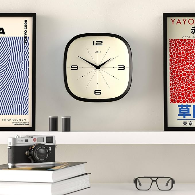 JONES CLOCKS® Pulsar wall Clock | Square Rounded Retro Clock | 10 inch | Black | Cool Designer Look for Kitchen, Living Room or Office