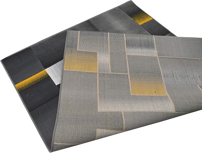 HR Rug in Orangish Yellow - Premium Quality Orangish Yellow/Black/Gray Abstract Geometric Modern Squares Pattern Area Rug - Contemporary Styling for Living Room, Bedroom - Unique Home Décor