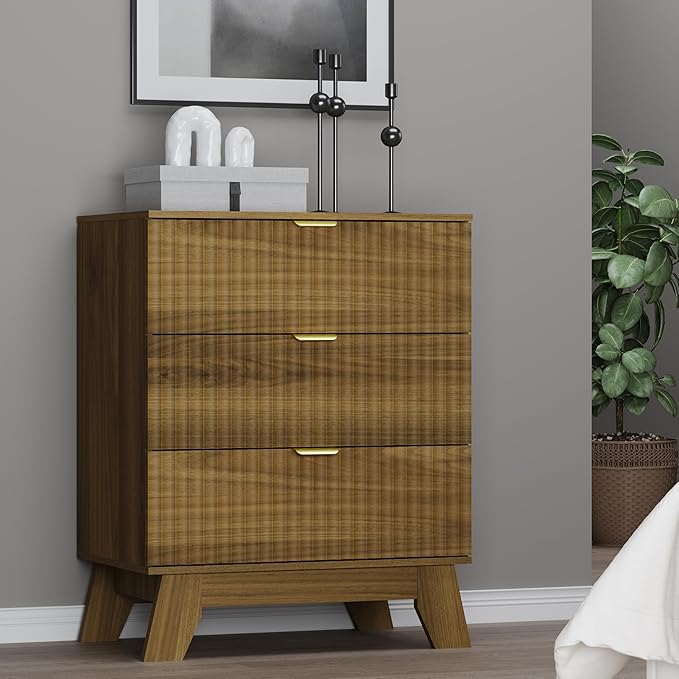 Fluted 3 Drawer Dresser, 30.3" Tall Compact Modern Boho Chest of Drawers, Wooden Storage Cabinet for Bedroom, Living Room, Entryway, Curved Profile Design
