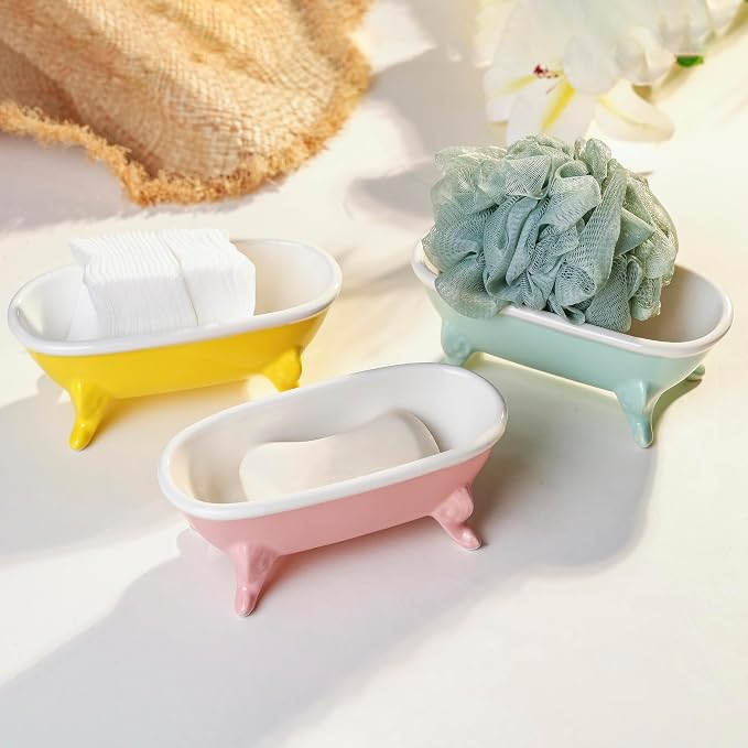6.7" Ceramic Mini Clawfoot Bathtub Bar Soap Dish, Decorative Bar Soap Holder, Soap Tray Sponge Holder for Shower, Bathroom & Kitchen Sink (Bright Teal)