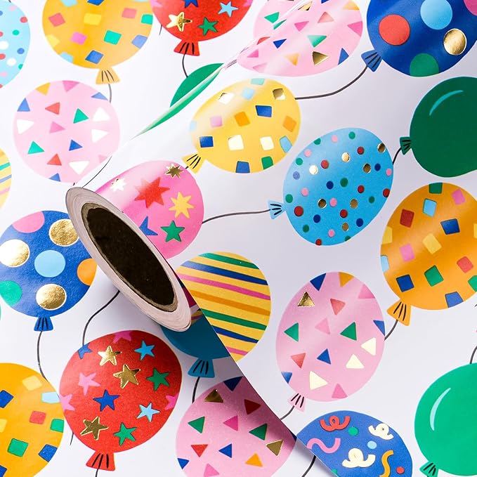 WRAPAHOLIC Birthday Wrapping Paper Roll - Mini Roll - 17 Inch x 16.5 Feet - Gold Foil Colorful Balloon Design Perfect for Birthday, Holiday, Party, Baby Shower