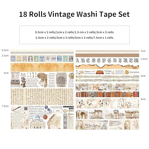 18 Rolls Vintage Washi Tape Set, Castle Stamp Music Retro Masking Tape 5/10/15/20/25/30/50/75mm Wide 6.56ft Long Decorative Scrapbook Tape for journaling, Scrapbooking Supplies, Junk Journal Craft