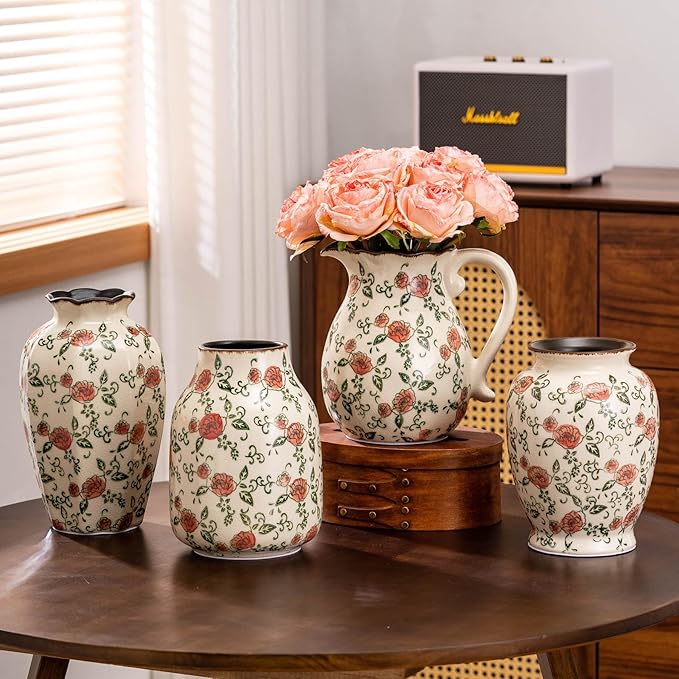 Green and Beige Vintage Round Vase, Red Rose Chinoiserie Floral Vase, Antique Decorative Ceramic Flower Vases for Bouquet, Home Decor, Living Room, Bookshelf, Office, Cottage Core Home Decor 8 Inch