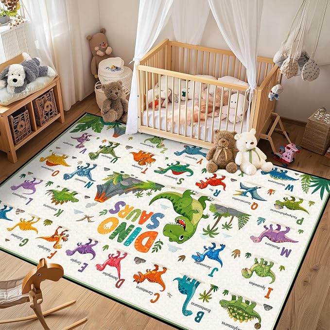 2'x3' Dinosaur Area Rug ABC Alphabet Educational Rugs for Entryway Bedroom Living Room Nursery Kitchen Playroom Home Decor Washable Cute Cartoon Dinosaur Floor Mat Carpet
