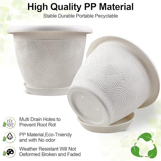 6 Inch Flower Pots Planters for Indoor Outdoor Plants, 6 Pack Plastic Small Plant Pots with Drainage Hole & Tray, Modern Decorative Garden Pot with Saucer, Plant Container for House