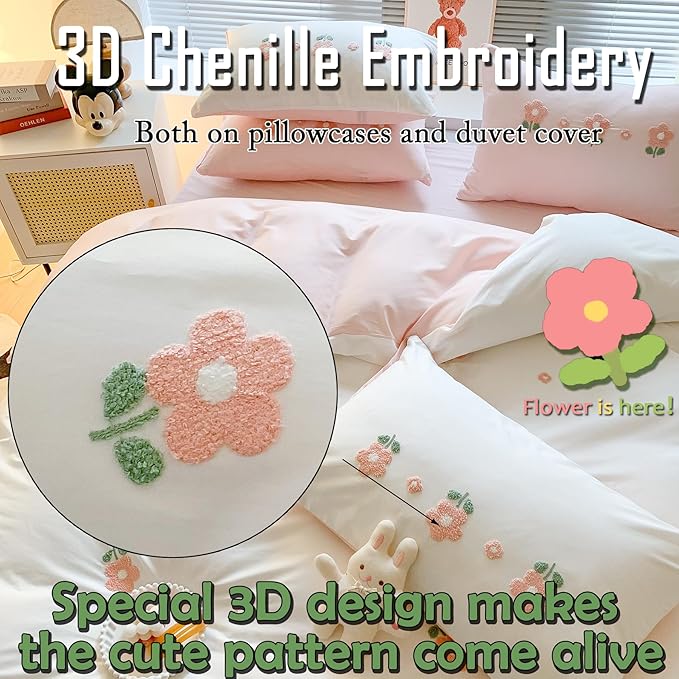 MorroMorn Twin Duvet Cover Cotton, 3D Embroidery Twin Bedding Sets, Cute Chenille Embroidered Comforter Covers Summer Blanket Soft Dry Sweat-Absorb for Girls Kids Teen (Flowers White, Twin/Twin XL)