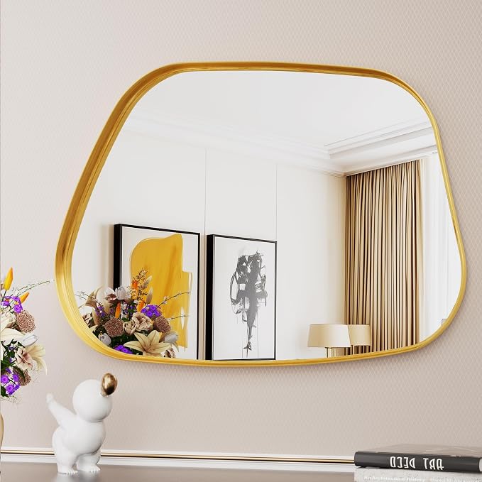 Irregular Wall Mirror 22"x30" Bathroom Mirrors Asymmetrical Artistic Decorative for Living Room Bedroom Bathroom Hallway Entryway,Trapezoid,Gold