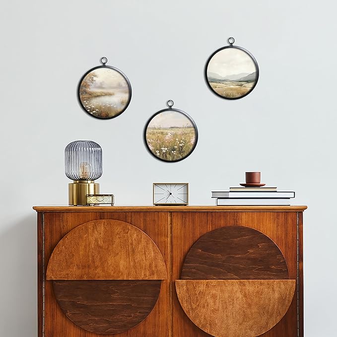XIAOAIKA Vintage Wall Art with Metal Frame, Round Wood Print Featuring Wildflower Meadow Landscape, Boho Wall Decor for Living Room, Bedroom, Kitchen, Hallway, 10 Inch