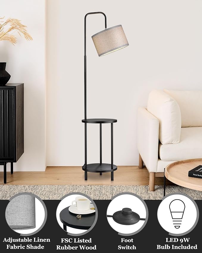 ELYONA Modern Floor Lamp for Living Room, Solid Wood Side Table Lamp with Grey Fabric Drum Shade, 3-Color Temperatures End Table Standing Light for Bedroom, Living Room, LED Bulb Included, Matte Black