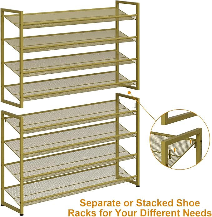 NEYCIL Large Shoe Rack 8 Tier Shoe Organizer, Heavy Duty Metal 4-Tier Stackable Shoe Storage Vertical Shoe Rack for Closet Front Door Entrance, Up to 50 Pairs, 44.8" W x 11.4" D x 56.7" H, Gold