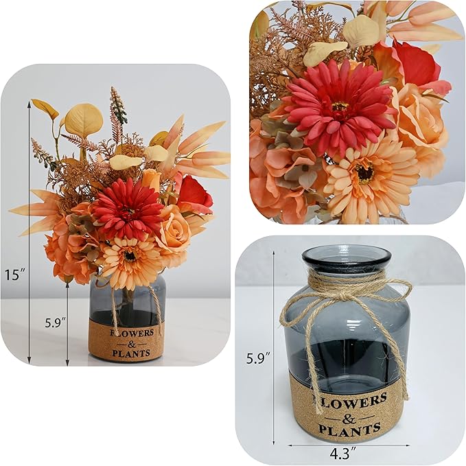 LADADA Artificial Flower in Glass Vase,Fall Silk Flower Arrangements,Fall Centerpieces for Tables,Artificial Flowers for Autumn Decor,Thanksgiving Party Table Rustic Wedding（Orange-Yellow）