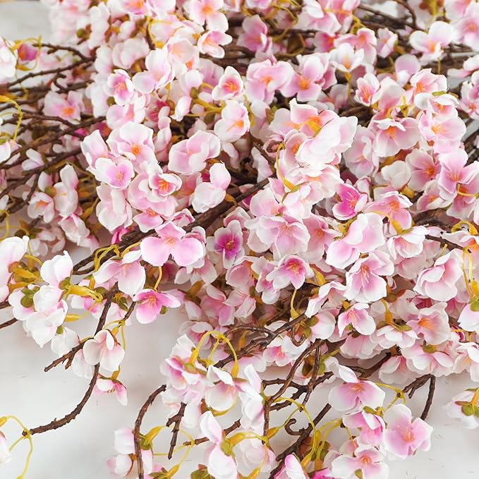 12 Pcs Artificial Cherry Blossom Flowers 40" Faux Silk Cherry Blossom Stems Fake Real Touch Peach Branches for Wedding Home Garden Japanese Decor White Pink