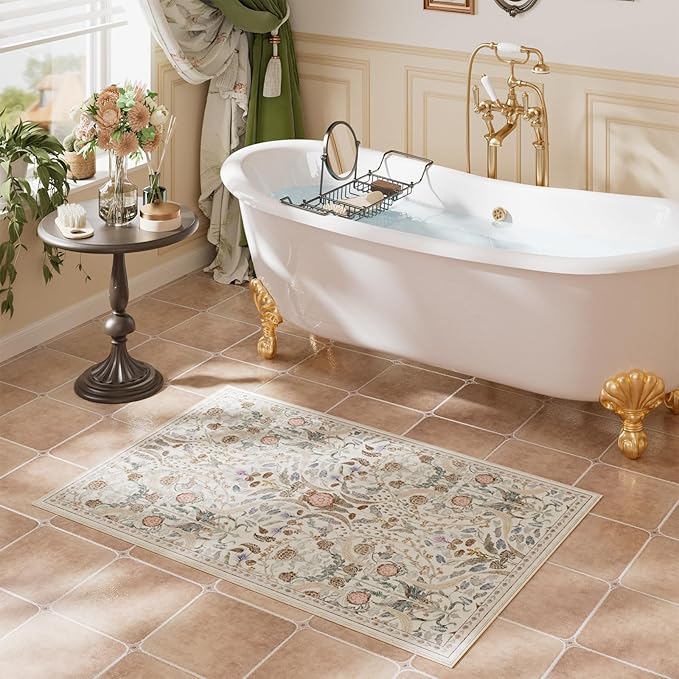 AMTOVO 2x3 Washable Entryway Area Rug Door Mat, Vintage Boho Floral Distressed Print Non-Slip Carpet, Small Throw Rug for Indoor Entrance Kitchen Bedroom Bathroom Laundry Floor, Beige