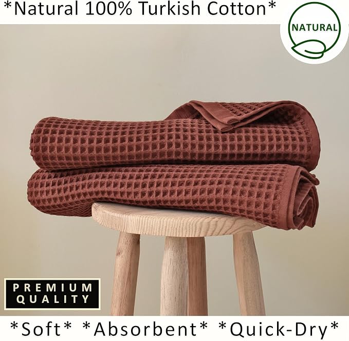 PÜSKÜL Natural 100% Turkish Cotton Waffle Bath Towels Set of 2-Piece | 32x63 inch Extra Large Absorbent Quick-Dry Lightweight Spa Towel | Decorative Guest Towel (Red Brick Bath Towels - Pack of 2)