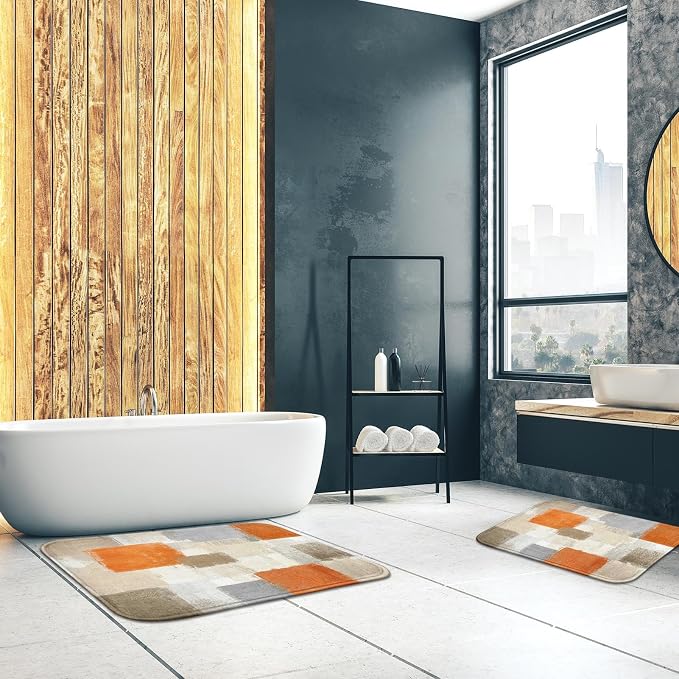 Britimes Bath Mat for Bathroom Orange Gray Abstract Pattern Geometric Bath Rug Floor Mat Bathroom Decorations 16x24 inches for Kitchen Bedroom Indoor
