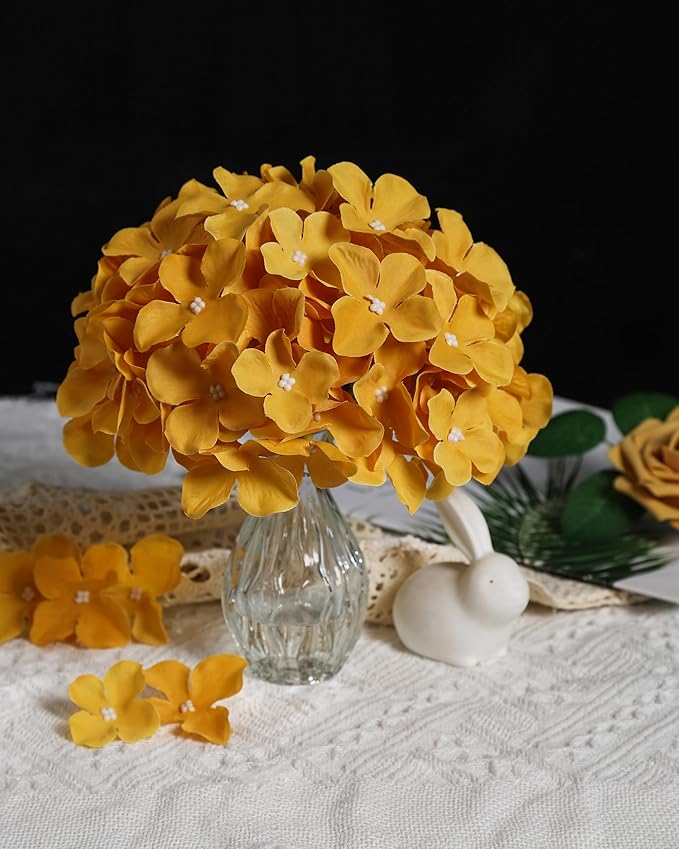 DuHouse 8.7" Silk Hydrangea Flower Heads with Stems Fake Hydrangeas Flowers for DIY Wedding Centerpiece Home Decor,Pack of 6(Mustard Yellow)