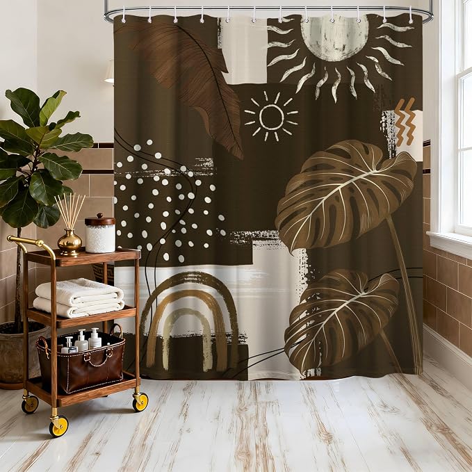 Dark Brown Mid Century Modern Shower Curtain Boho Abstract Khaki Earth Tone Shower Curtains for Bathroom Decor Sets, Waterproof Cloth Fabric with Hooks, 70 x 78 Inch