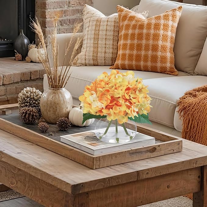 Hydrangea Artificial Flowers in Glass Vase, Orange Silk Fake Flowers Silk Centerpiece Table Decorations for Dining Room， Coffee Table Decor，Wedding, Home with Faux Water Decor（Orange）