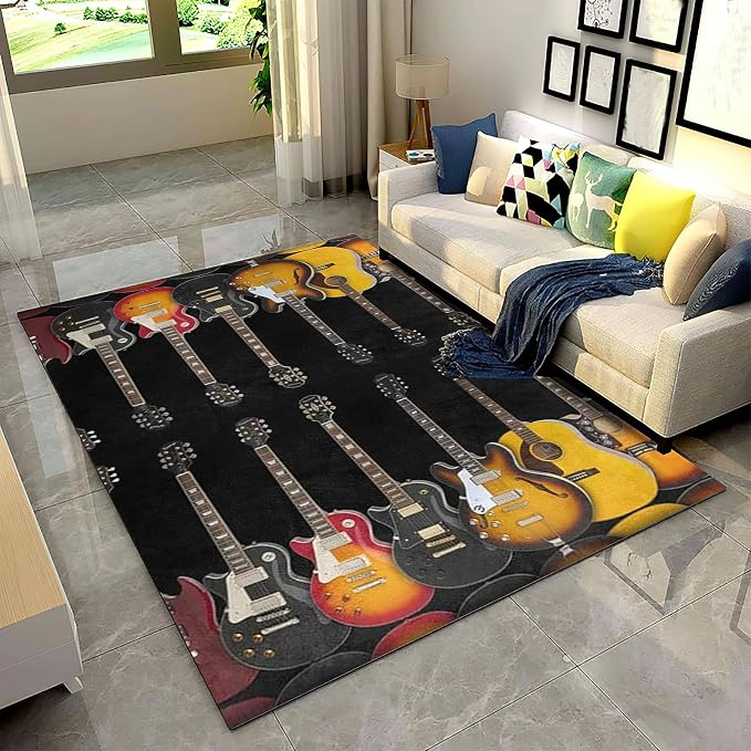 Vintage Guitar Black Area Rug, Guitar Music Lover Non Slip Living Room Rugs, Breathable Durable Carpet for Indoor Bedroom Conference Room Office Decor Rug - 5 ft x 8 ft