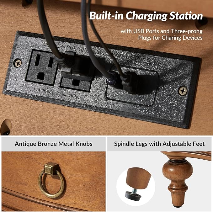 HULALA HOME Traditional Side Tables with 3 Drawers, Tall Side Table with Curved Front Profle Desgin, Charging Station, Solid Wood Legs, Set of 2, Walnut