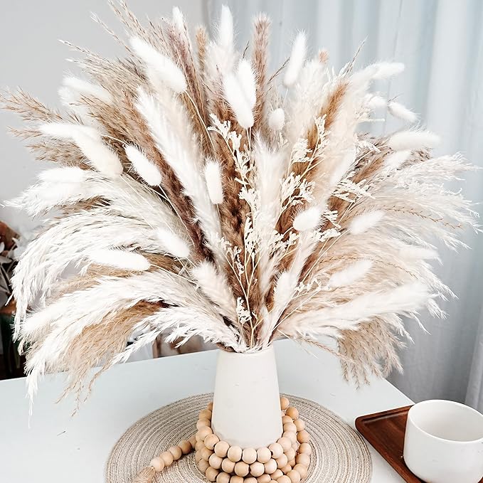 Dried Flower Bouquet - Pampas Grass, Bunny Tails & Preserved Flowers - Boho Chic Home Decor, Rustic Wedding Centerpiece, Farmhouse Style Arrangement, Long-Lasting Gift (113PCS)