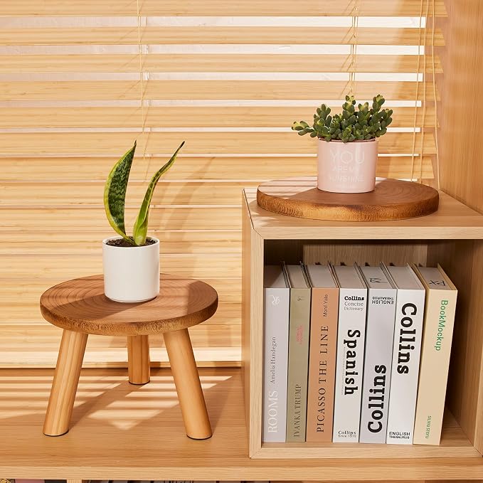 Yanbaga 2 Pack Wood Plant Stand Indoor,11-12" Mid Century Modern Plant Stand Holder with Growth Ring,Plant Stool Display Stand for Flower Pots ,Outdoor, Garden,Patio