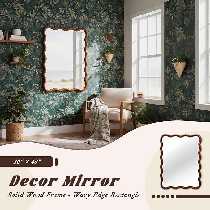 Elountik Wavy Rectangle Solid Wood Decorative Mirror, 30x40 Inches, Black Walnut Frame for Living Room, Bedroom, Bathroom & Entryway Wall Décor