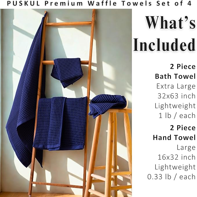 PÜSKÜL 4-Piece Natural 100% Turkish Cotton Luxury Waffle Towels for Bathroom | Premium Honeycomb Weave 2 Hand Towel & 2 Bath Towel Set | Soft Absorbent Quick-Dry Lightweight Towels (Navy Blue)