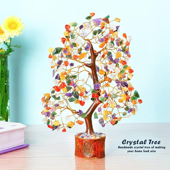 YATHABI Chakra Tree Sculpture - Mix Chakra Golden Wire Crystal Bonsai Tree - Positive Energy, Meditation Decor, Spiritual Gift