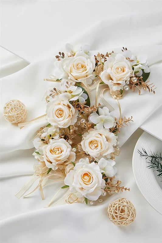 Meldel Champagne Boutonniere for Men Wedding, Set of 6, Groom and Groomsmen Boutonniere for Wedding Ceremony Anniversary Party, Rustic Fall Wedding, Artificial Rose Boutonnieres Prom Suit Decorations