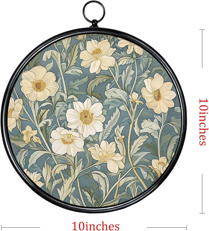 XIAOAIKA Round Vintage Wall Hanging Decor, Printed Textured Surface with Wood Back, Daisy Design, Black Metal Frame, Ready to Hang for Living Room Bedroom, 10 Inch
