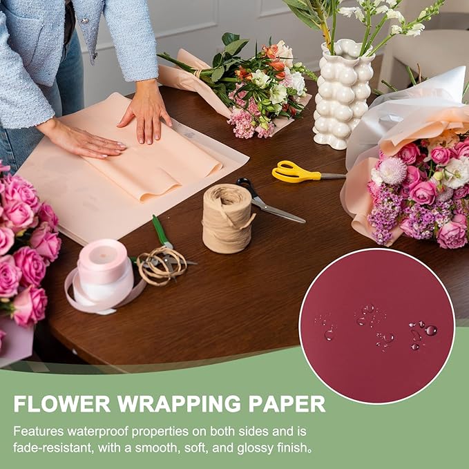 PATIKIL Flower Gift Wrapping Paper, 20 Sheets Double Sided Golden Waterproof Bouquet Paper Wrap Florist Supplies Packaging Floral Papers for Wedding DIY Craft Valentine, Burgundy/Gold