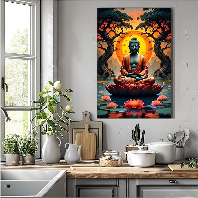 Canvas wall art Golden Buddha on lotus at sunset Ancient trees with reflections on water Serene meditation scene Uplifting wall art for mindfulness and tranquil home decor 28x40in Wood Framed