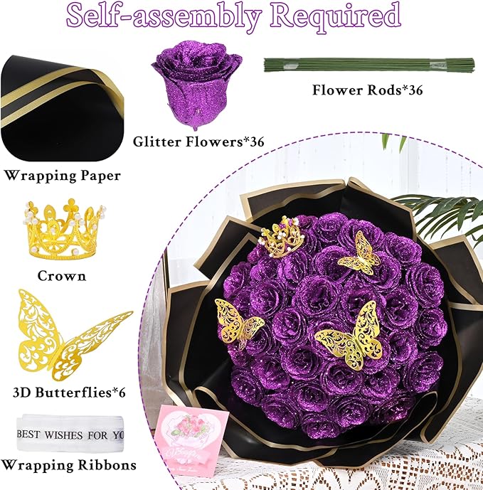 Waipfaru 36 Pcs Glitter Roses Bouquet, DIY Fake Flowers Bouquet, Artificial Purple Rose Bouquet for Valentines, Mothers Day Gifts, Anniversary, Engagement, Wedding