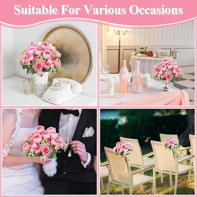 Crowye 8 Bundles Artificial Peonies Realistic Flowers with Stems Bouquet Peonies for Table Centerpieces Wedding Decoration Bridal Floral Arrangement (Dark Pink)