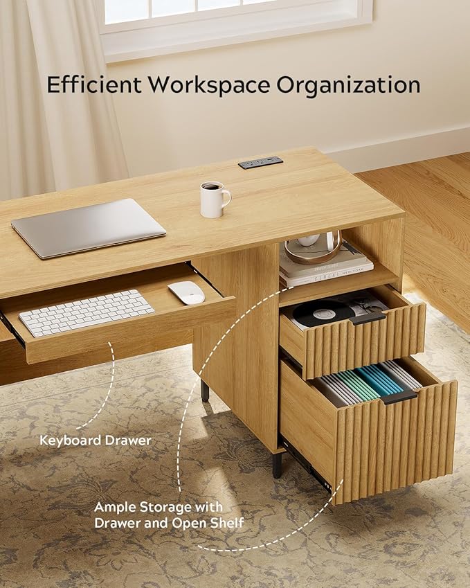 Fluted Executive Desk, 55" Modern Wood Home Office Desk with Charging Station, File Drawer, Open Storage, Computer Writing Desk for Work Study Writing, Natural Oak